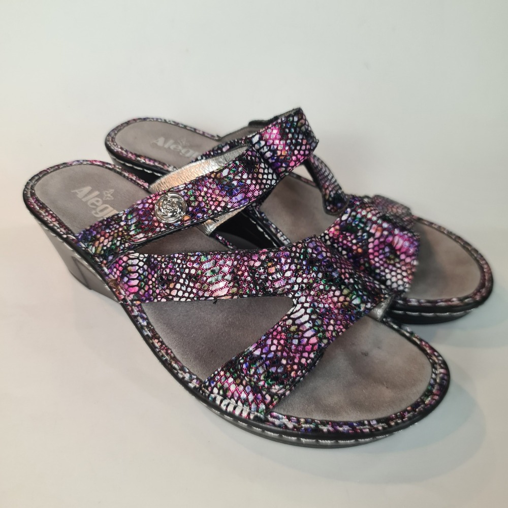 Alegria Loti Funtastic Snake Metallic Leather Wedge Slide Sandals EU 40 US 9